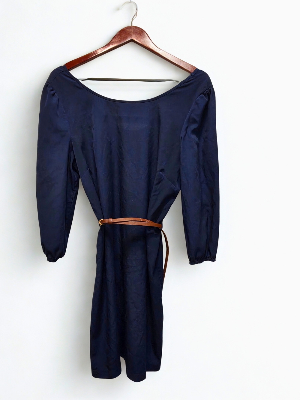 Pink Owl Navy Blue Boatneck Long Sleeve Dress with Brown Belt